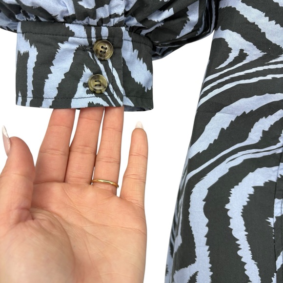 Ganni Zebra Print Cotton Shirt Dress Puff Sleeve Mini Blue Gray Designer EU34 XS - Picture 10 of 16
